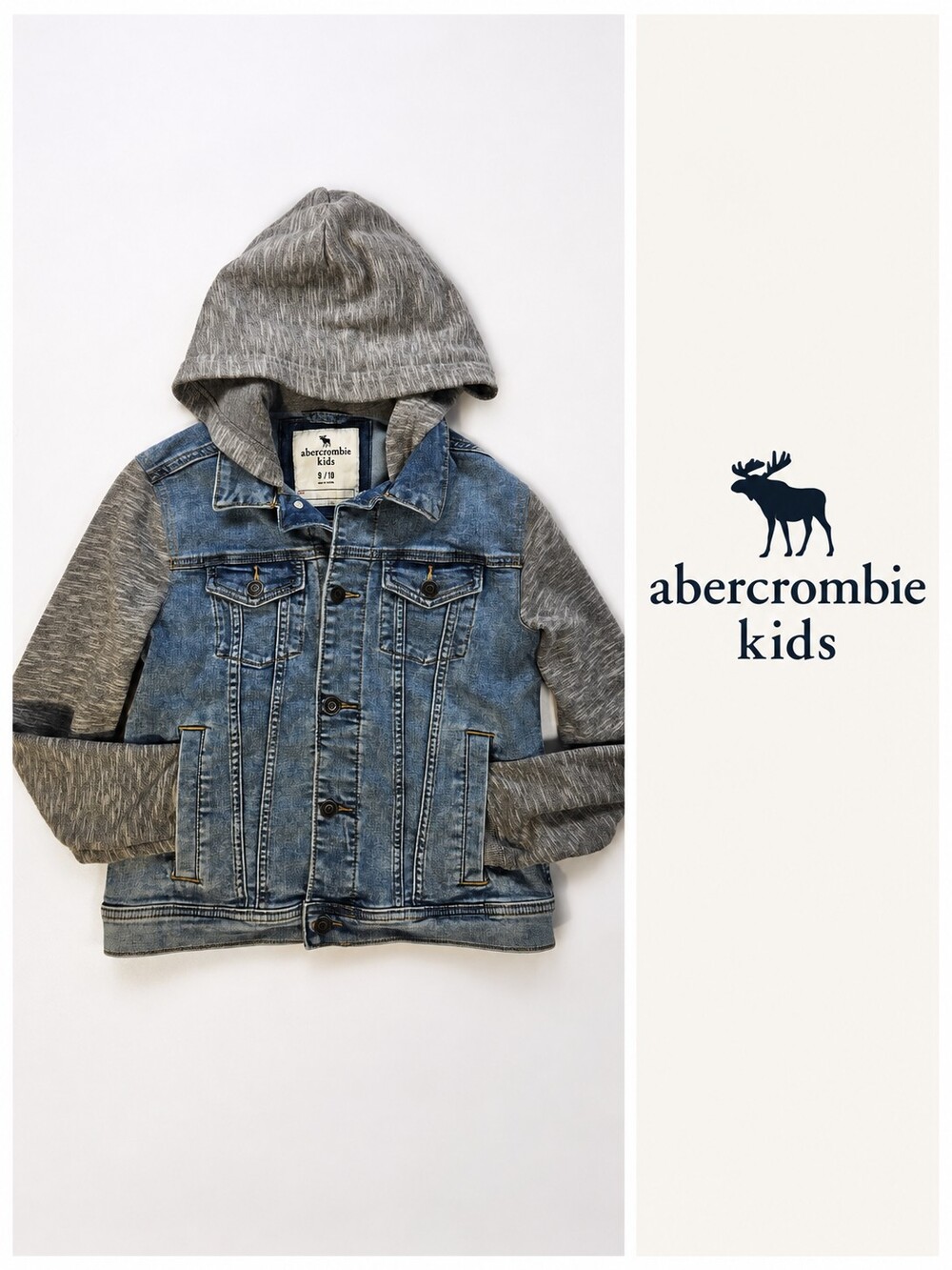 Abercrombie Kids Boys Denim Hoodie Jean Jacket Grey Sleeves Size 9/10